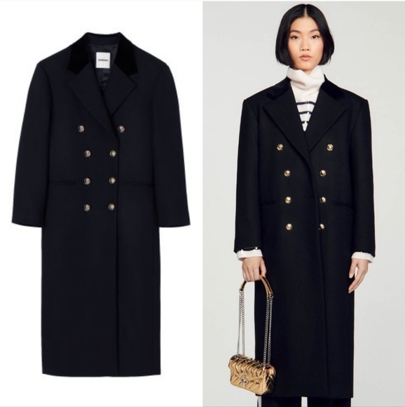 New Sandro "OFFY" Double Breasted Black Long Coat 4 US/36 FR NWT - Picture 4 of 13